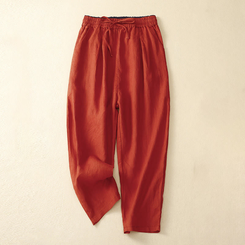 Buddha Stones Vintage High Waist Lace-up Cotton Linen Harem Pants With Pockets - Tomato - US8-10,UK/AU12-14,EU40-42 (2XL) - image 7