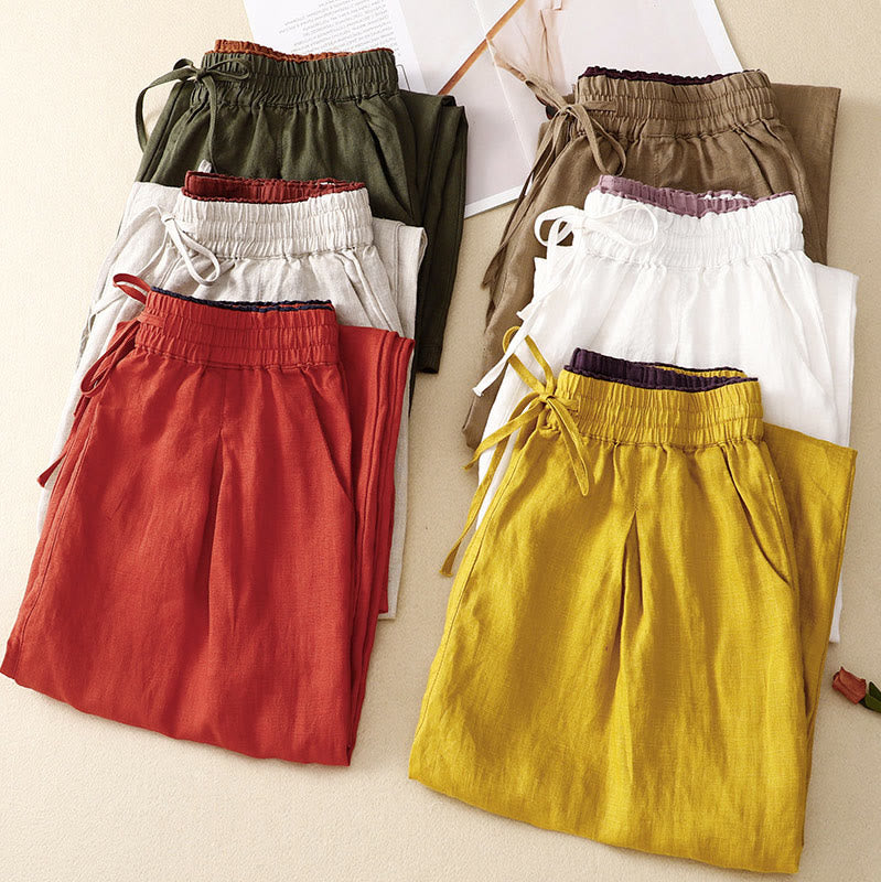 Buddha Stones Vintage High Waist Lace-up Cotton Linen Harem Pants With Pockets - image 1