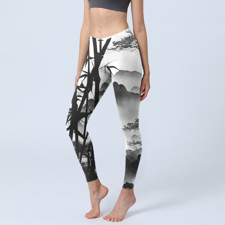 Buddha Stones Ink Painting Bamboo Pine Mountain Scenery Print Gym Leggings Women's Yoga Pants - DarkGray - US18,UK/AU22,EU50 (4XL) - image 1