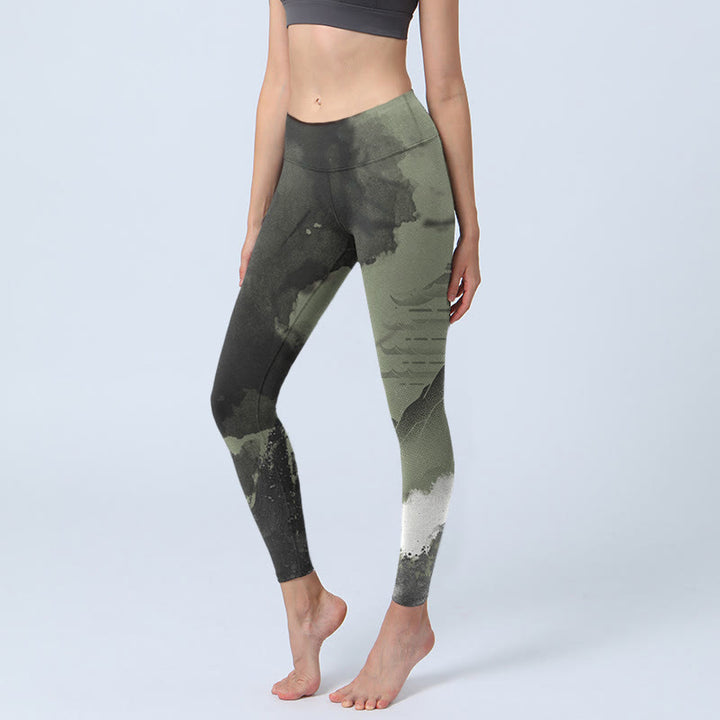 Buddha Stones Ink Painting Mountain Pavilion Print Fitness Leggings Women's Yoga Pants - Gray - US18,UK/AU22,EU50 (4XL) - image 1
