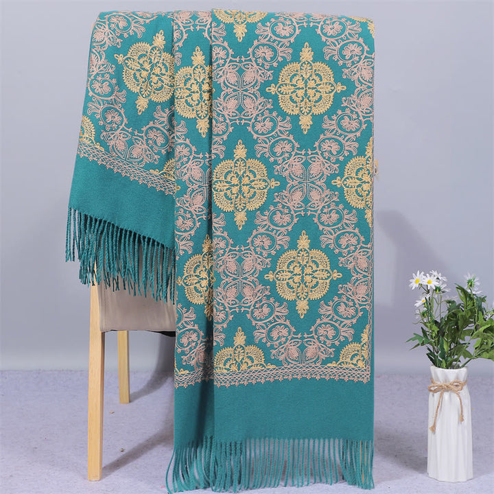 Buddha Stones Polyester Shawl Symmetry Gold Filigree Embroidery Tassel Winter Cozy Travel Scarf Wrap