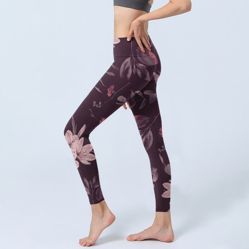Buddha Stones Purple White Flowers Leaves Blossom Print Gym Fitness Leggings Women's Yoga Pants - image 3
