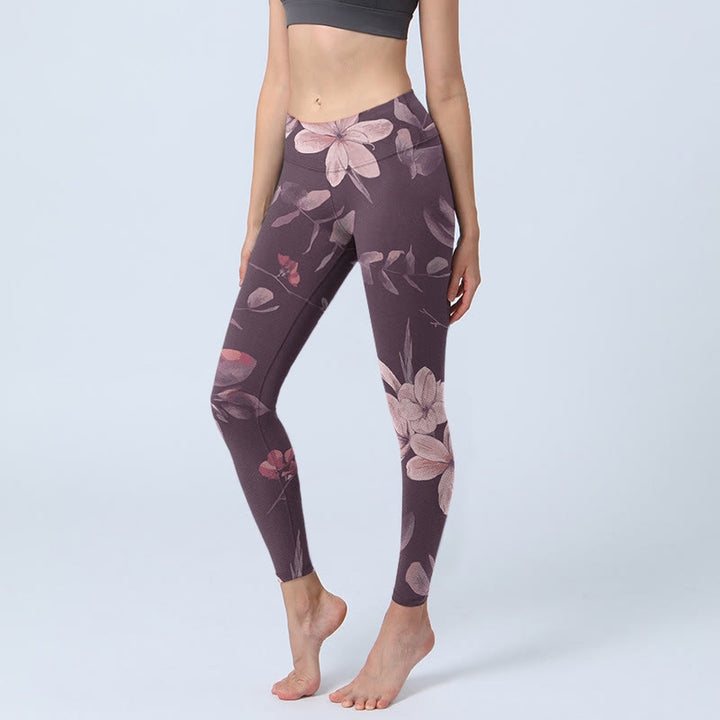 Buddha Stones Purple White Flowers Leaves Blossom Print Gym Fitness Leggings Women's Yoga Pants - Thistle - US18,UK/AU22,EU50 (4XL) - image 1