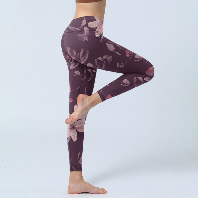 Buddha Stones Purple White Flowers Leaves Blossom Print Gym Fitness Leggings Women's Yoga Pants - image 4