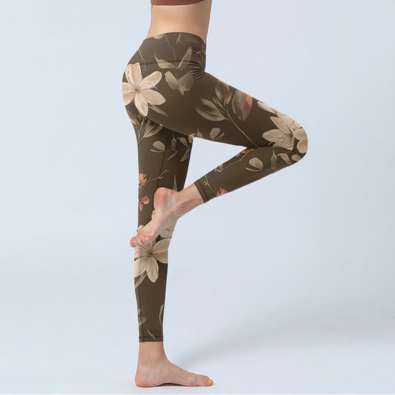Buddha Stones Purple White Flowers Leaves Blossom Print Gym Fitness Leggings Women's Yoga Pants - image 13