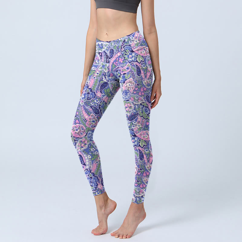 Buddha Stones Purple Pink Cashew Flower Print Gym Fitness Leggings Women's Yoga Pants - MediumPurple - US18,UK/AU22,EU50 (4XL) - image 1