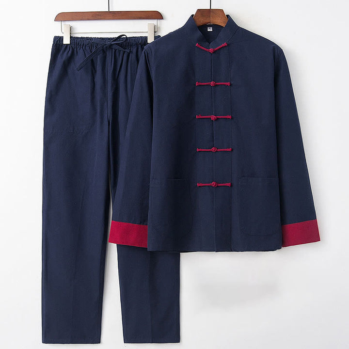 Buddha Stones 2Pcs Fall Men's Tang Suit Frog-Button Cotton Long Sleeve Shirt Pants Set - Navy Blue Red Sleeve - US/UK/AU46,EU56 (5XL) - image 0