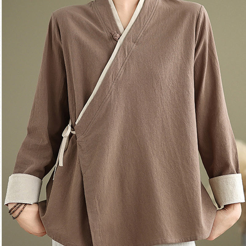 Buddha Stones Fall Solid Color Hanfu Long Sleeve Lace Up Women's Shirt - DarkGoldenrod - US8-10,UK/AU12-14,EU40-42 (2XL) - image 18