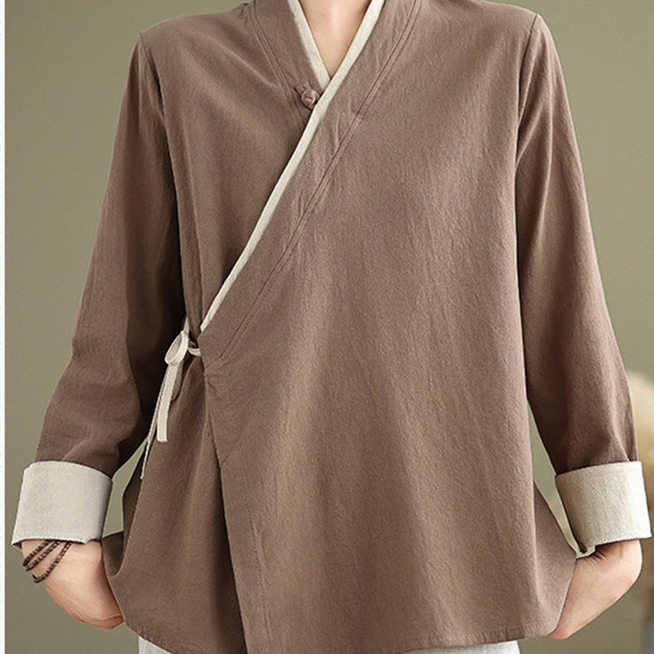 Buddha Stones Fall Solid Color Hanfu Long Sleeve Lace Up Women's Shirt - DarkGoldenrod - US8-10,UK/AU12-14,EU40-42 (2XL) - image 18