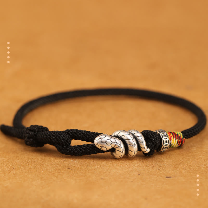 Buddha Stones Red String 925 Sterling Silver Year of the Snake Coin Ring Snake Luck Bracelet - Black - 18-20cm - image 11
