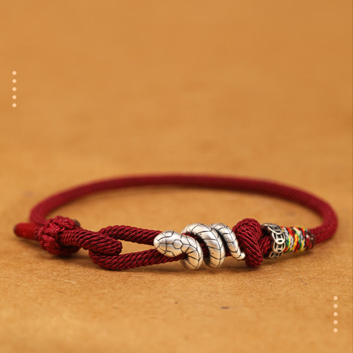 Buddha Stones Red String 925 Sterling Silver Year of the Snake Coin Ring Snake Luck Bracelet - Dark Red - 18-20cm - image 0
