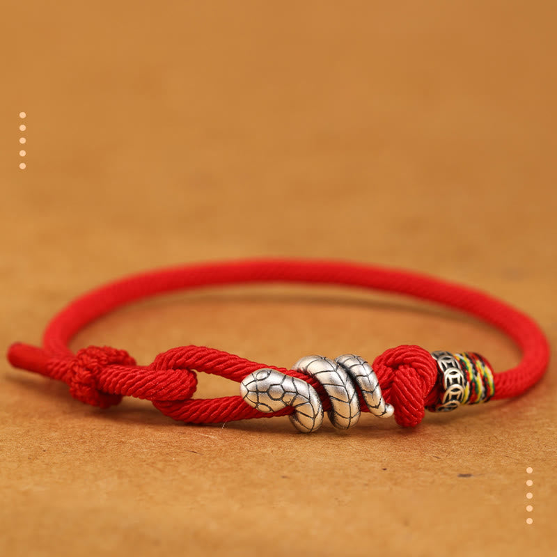 Buddha Stones Red String 925 Sterling Silver Year of the Snake Coin Ring Snake Luck Bracelet - Red - 18-20cm - image 13