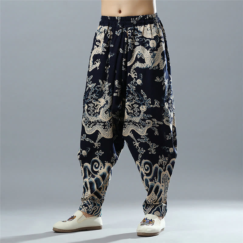 Buddha Stones Chinese Dragon Printed Elastic Waist Ethnic Cotton Linen Men's Pants With Pockets - MidnightBlue - US/UK/AU38,EU48 (XL) - image 0