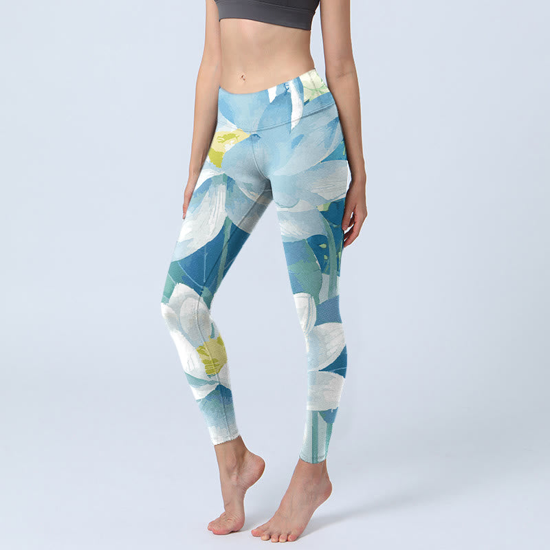 Buddha Stones Blue White Lotus Print Gym Leggings Women's Yoga Pants - Blue - US18,UK/AU22,EU50 (4XL) - image 1