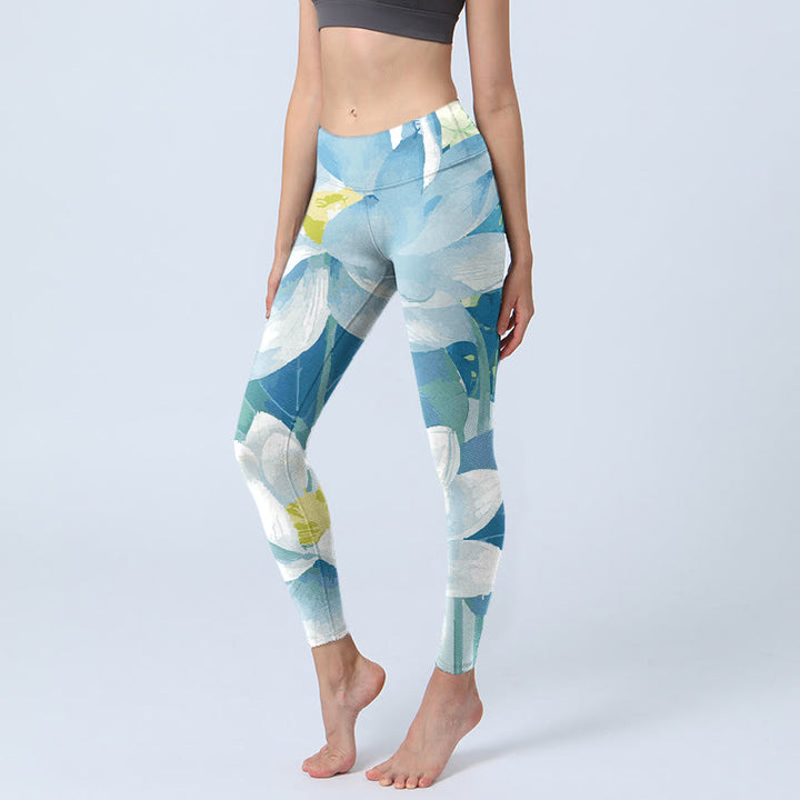Buddha Stones Blue White Lotus Print Gym Leggings Women's Yoga Pants - Blue - US18,UK/AU22,EU50 (4XL) - image 1