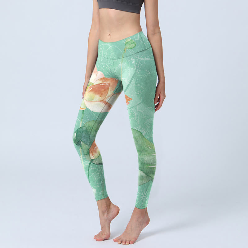 Buddha Stones Lotus Leaves Seed Pods Print Gym Leggings Women's Yoga Pants - MediumSpringGreen - US18,UK/AU22,EU50 (4XL) - image 1