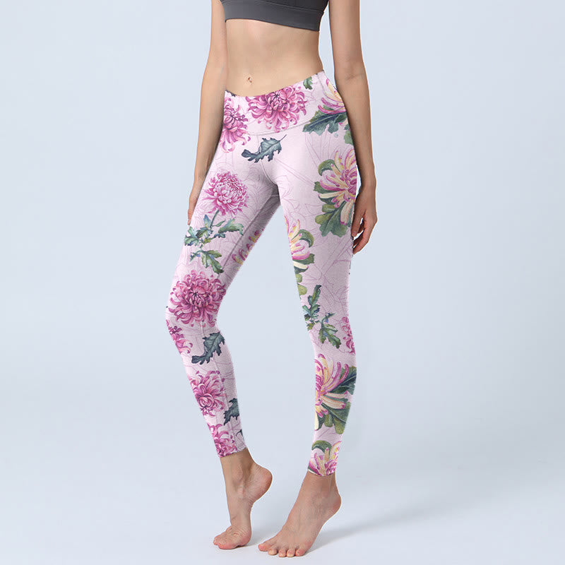 Buddha Stones Pink Chrysanthemum  Gym Leggings Women's Yoga Pants - Plum - US18,UK/AU22,EU50 (4XL) - image 1