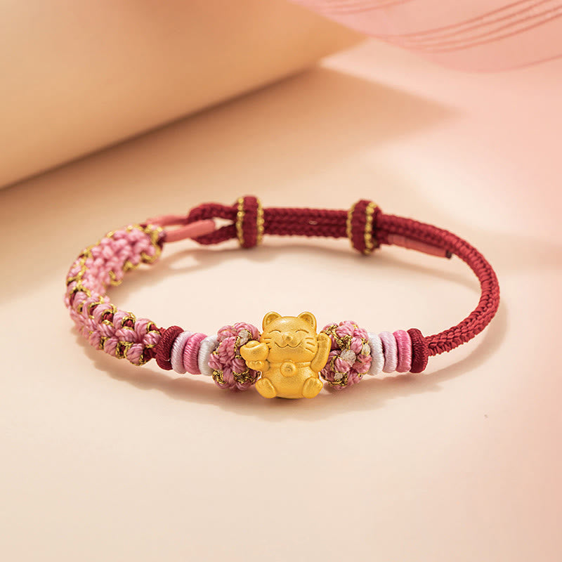 Buddha Stones Handmade 999 Sterling Silver Fortune Cat Ingot Peach Blossom Luck Red Rope Bracelet - Red Rope(Wrist Circumference 14-19cm) - image 1