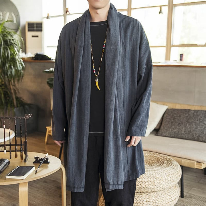 Buddha Stones Fall Simple Casual Loose Plain Linen Blend Men's Mid-length Coat Clothing - LightSlateGray - US/UK/AU42,EU52 (3XL) - image 1