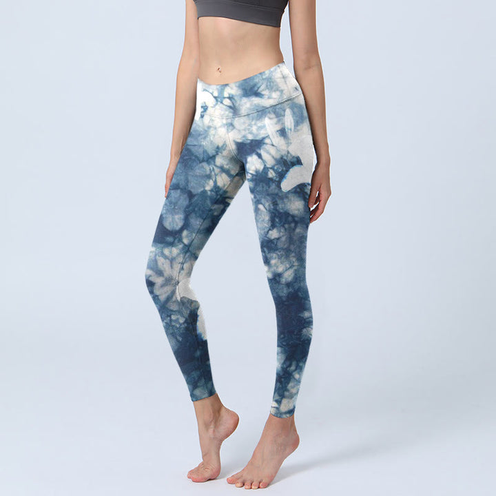Buddha Stones Blue Lily Flowers Watercolor Texture Print Gym Leggings Women's Yoga Pants - SteelBlue - US18,UK/AU22,EU50 (4XL) - image 1