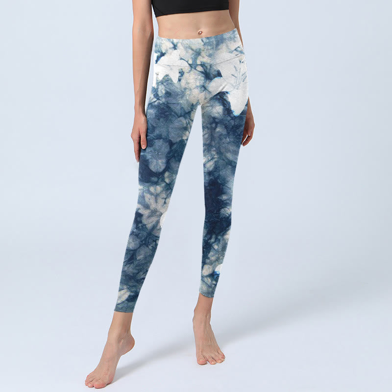 Buddha Stones Blue Lily Flowers Watercolor Texture Print Gym Leggings Women's Yoga Pants - image 6