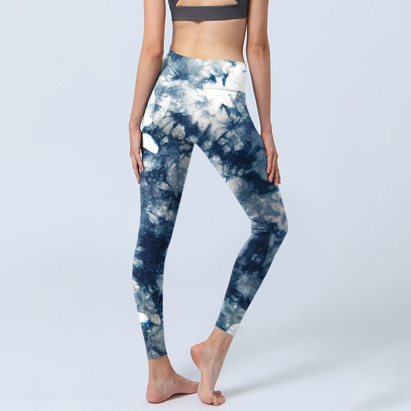 Buddha Stones Blue Lily Flowers Watercolor Texture Print Gym Leggings Women's Yoga Pants - image 5