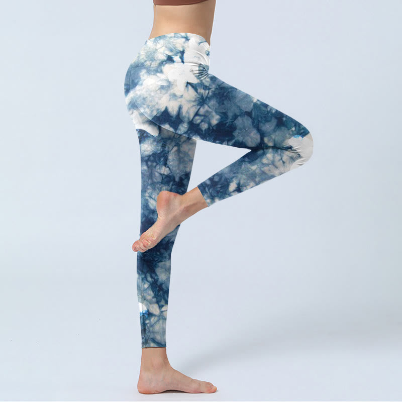 Buddha Stones Blue Lily Flowers Watercolor Texture Print Gym Leggings Women's Yoga Pants - image 4