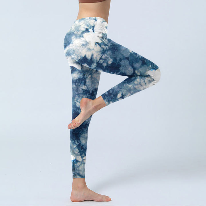 Buddha Stones Blue Lily Flowers Watercolor Texture Print Gym Leggings Women's Yoga Pants - image 4