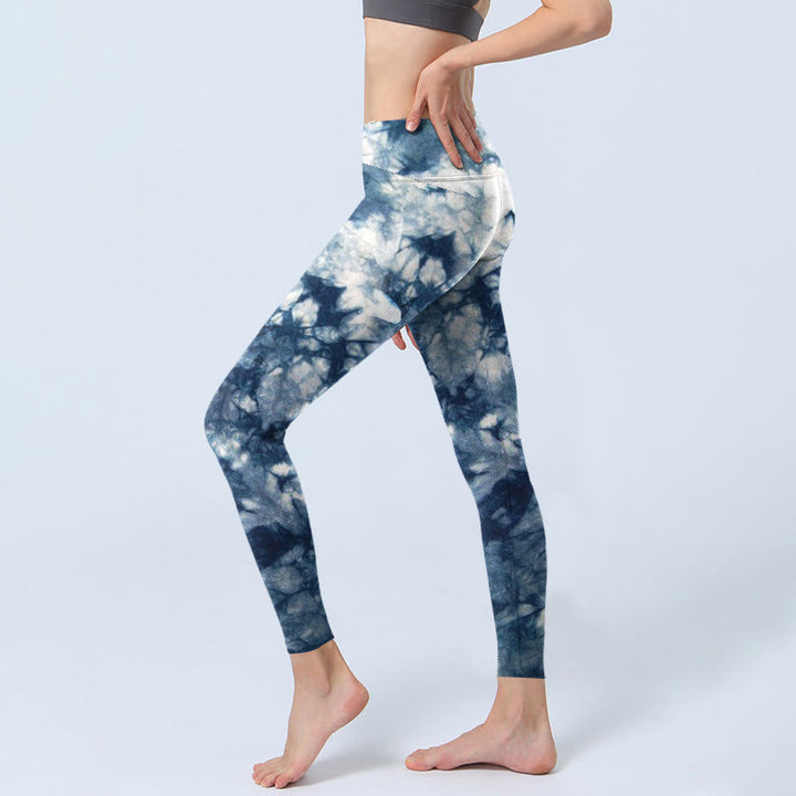 Buddha Stones Blue Lily Flowers Watercolor Texture Print Gym Leggings Women's Yoga Pants - image 3
