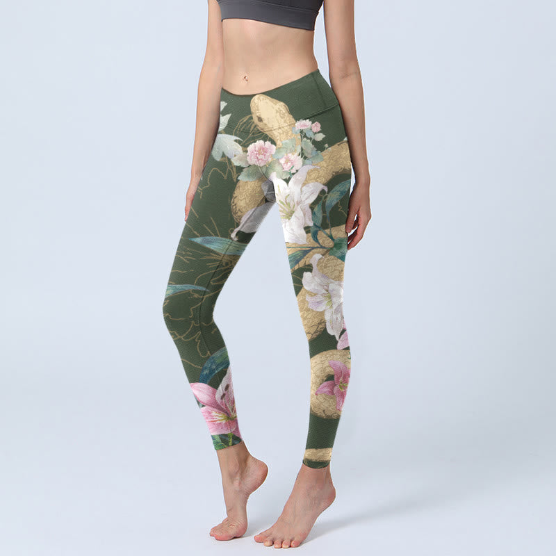 Buddha Stones Green Golden Snake Lily Peony Flowers Print Gym Leggings Women's Yoga Pants - DarkOliveGreen - US18,UK/AU22,EU50 (4XL) - image 1
