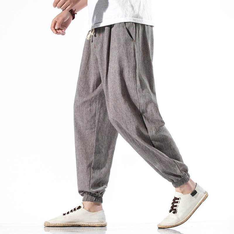 Buddha Stones Casual Solid Color Drawstring Linen Men's Pants With Pockets - image 32
