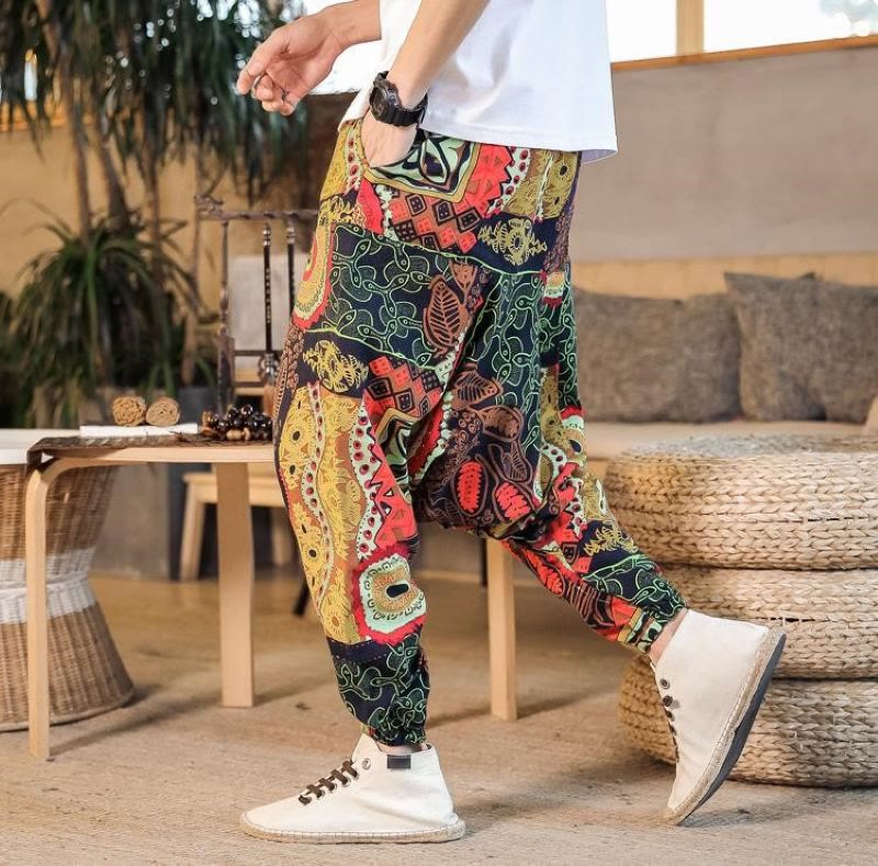 Buddha Stones Red Gold Casual Leaves Print Cotton Men's Harem Pants With Pockets - Black - US/UK/AU42,EU52 (3XL) - image 0