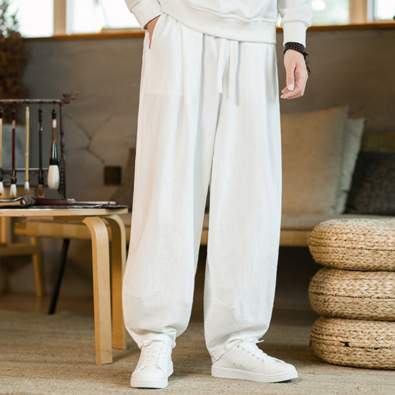 Buddha Stones Solid Color Cotton Linen Drawstring Men's Harem Pants With Pockets - White - US/UK/AU46,EU56 (5XL) - image 17