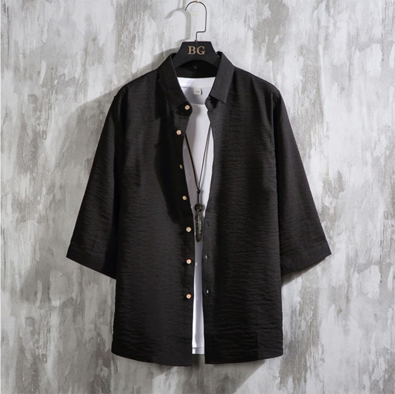 Buddha Stones Casual Solid Color Front Button Three Quarter Sleeves Men's Shirt - Black - US/UK/AU50,EU60 (7XL) - image 12