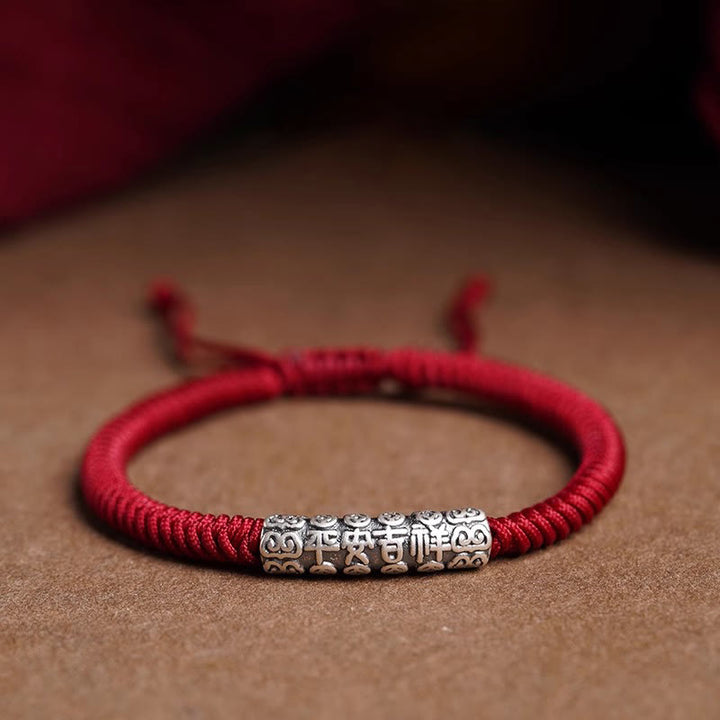 Buddha Stones Handmade 999 Sterling Silver Peace and Good Fortune Om Mani Padme Hum LuckĀ Rope Bracelet - Dark Red(Wrist Circumference 14-20cm) - Peace and Good Fortune - image 0