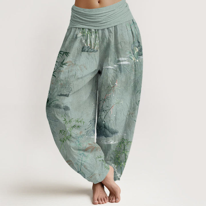 Buddha Stones Casual Bamboo Rock Ink Painting Women's Elastic Waist Harem Pants - DarkSeaGreen - US22,UK/AU26,EU54 (6XL) - image 8