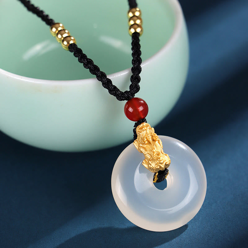 Buddha Stones  Black Onyx White Agate Peace Buckle 999 Sterling Silver Gold PiXiu Fortune Necklace Pendant - White Agate 999 Sterling Silver Gold PiXiu(Length: About 36cm) - image 9