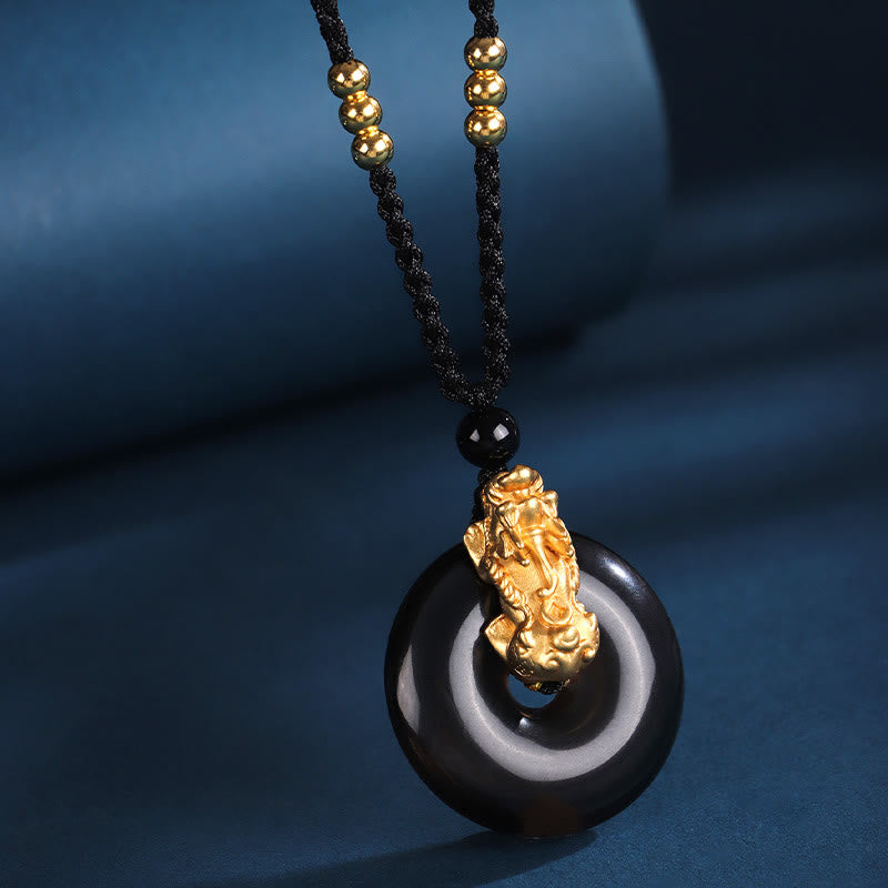 Buddha Stones  Black Onyx White Agate Peace Buckle 999 Sterling Silver Gold PiXiu Fortune Necklace Pendant - image 3