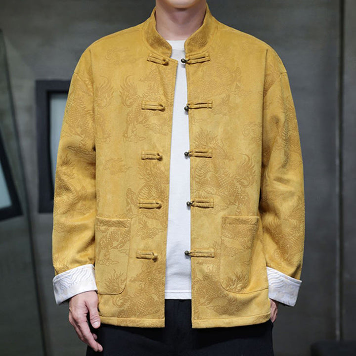 Buddha Stones Chinese New Year Kirin Print Frog-button Tang Suit Men's Jacket Shirt With Pockets - Yellow - US/UK/AU46,EU56 (5XL) - image 1
