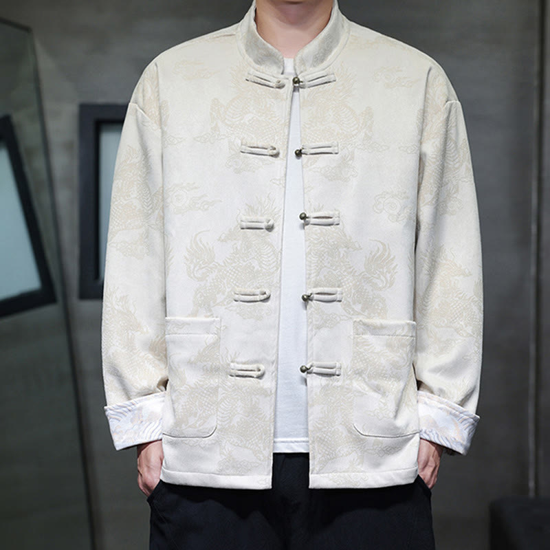 Buddha Stones Chinese New Year Kirin Print Frog-button Tang Suit Men's Jacket Shirt With Pockets - Ivory - US/UK/AU46,EU56 (5XL) - image 21