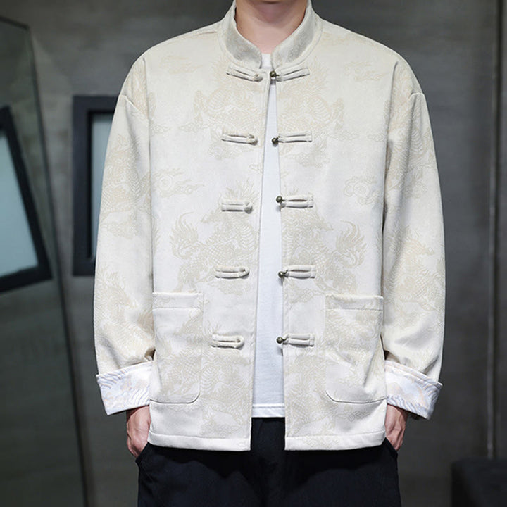 Buddha Stones Chinese New Year Kirin Print Frog-button Tang Suit Men's Jacket Shirt With Pockets - Ivory - US/UK/AU46,EU56 (5XL) - image 21