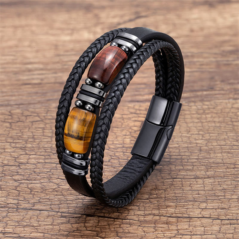 Buddha Stones Tiger Eye Stone Courage Willpower Multi-layer Leather Bracelet - Yellow-Brown-Red Tiger Eye - 18-22cm - image 8