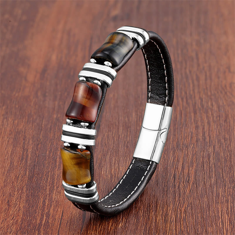 Buddha Stones Tiger Eye Three Bamboo Stone Protection Power Leather Bracelet - Yellow-Brown-Red-Black Tiger Eye-Silver - 18-22cm - image 1