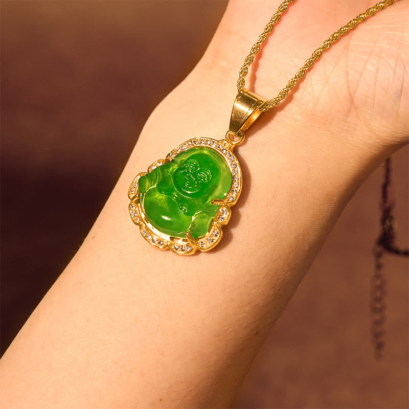 Buddha Stones 18K Gold Filled Laughing Buddha Jade Luck Necklace Chain Pendant - image 6