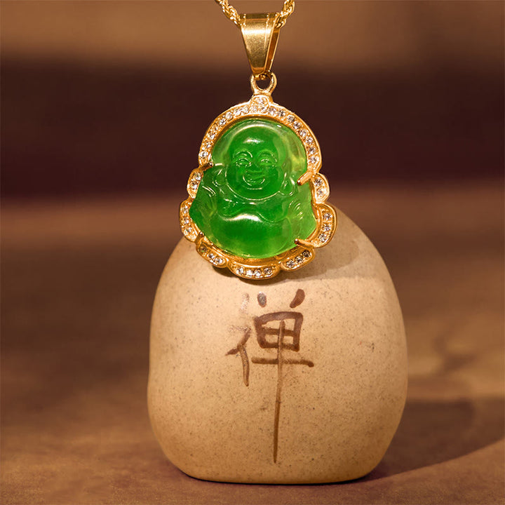 Buddha Stones 18K Gold Filled Laughing Buddha Jade Luck Necklace Chain Pendant - image 5