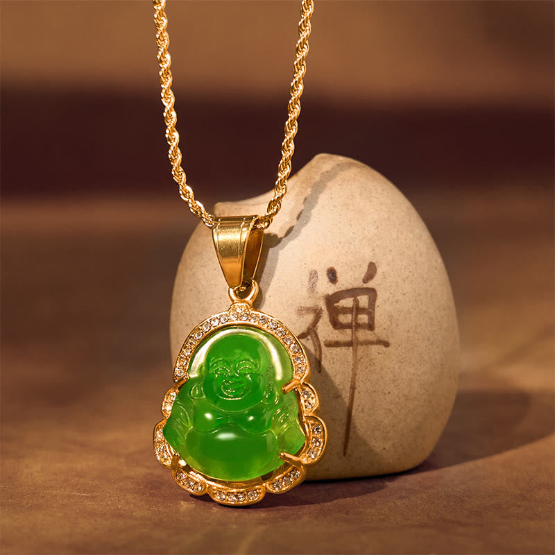Buddha Stones 18K Gold Filled Laughing Buddha Jade Luck Necklace Chain Pendant - image 4