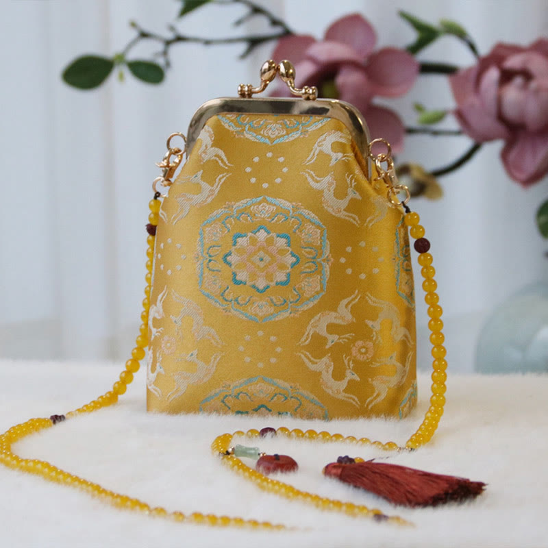 Buddha Stones Retro Chinese Embroidery Pearl Chain Crossbody Bag Shoudler Bag - Gold Deer Flower 14*6*18cm - image 9