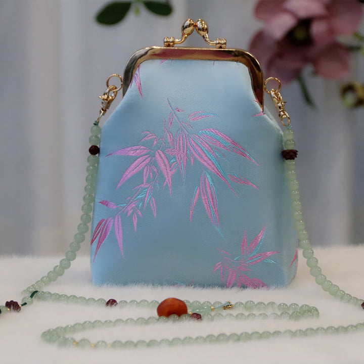 Buddha Stones Retro Chinese Embroidery Pearl Chain Crossbody Bag Shoudler Bag - LightSkyBlue Bamboo Leaves 14*6*18cm - image 10