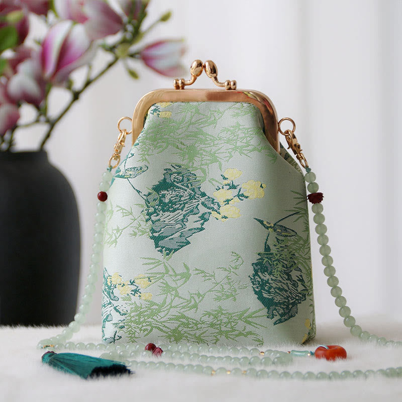 Buddha Stones Retro Chinese Embroidery Pearl Chain Crossbody Bag Shoudler Bag - Aquamarine Leaves 14*6*18cm - image 17