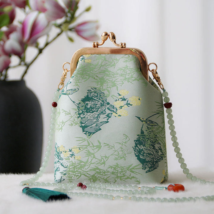 Buddha Stones Retro Chinese Embroidery Pearl Chain Crossbody Bag Shoudler Bag - Aquamarine Leaves 14*6*18cm - image 17